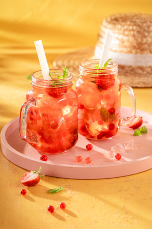 Sweet strawberry bubble tea made of fresh fruits and pearls. Summer and cold Bubble tea drink.の写真素材