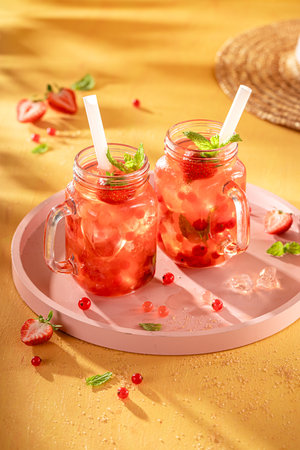 Refreshing strawberry bubble tea as summer drink on ice. Summer and cold Bubble tea drink.の写真素材