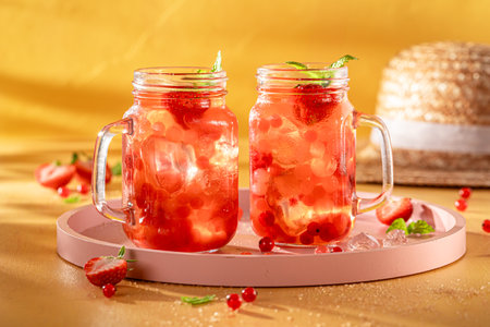 Refreshing strawberry bubble tea with berry fruits, balls on ice. Summer and cold Bubble tea drink.の写真素材