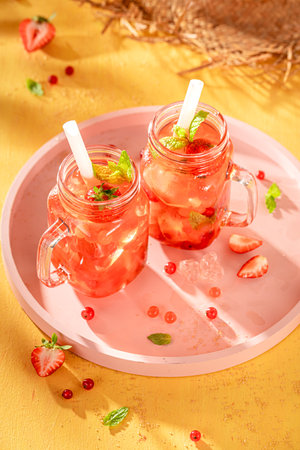Refreshing strawberry bubble tea as cool drink for summer. Chilled drink for hot days.の写真素材