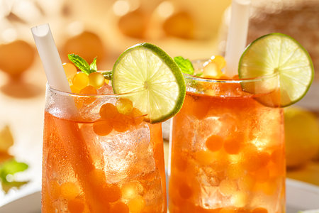 Sour bubble tea with sour fruits and balls with ice. Summer and cold Bubble tea drink.の写真素材