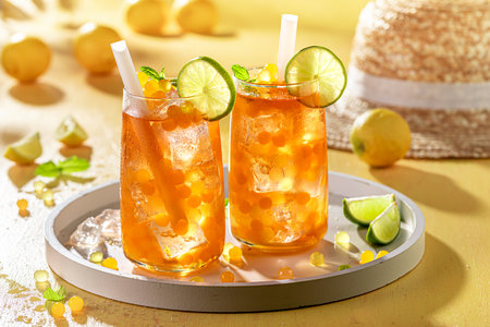 Sour bubble tea as cool drink for hot summer with balls. Chilled drink for hot days.の写真素材