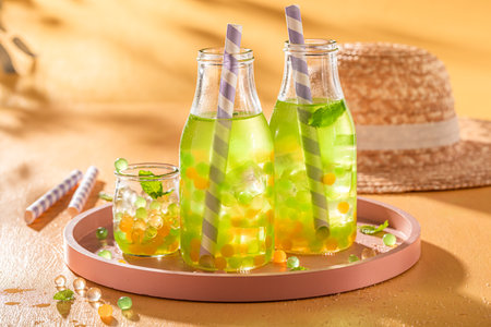 Cold bubble tea made of juice, fruits and pearls. Summer and cold Bubble tea drink.の写真素材