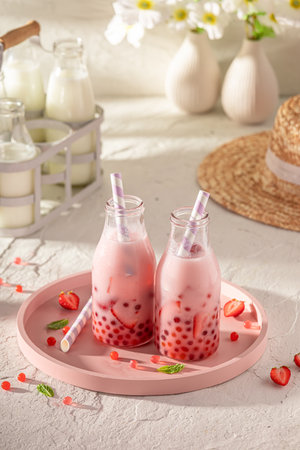 Fresh strawberry bubble tea made of milk, berries and pearls. Bubble tea with fresh berries.の写真素材