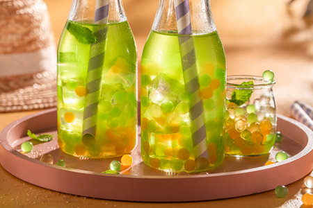 Fresh bubble tea as summer refreshing drink on ice. Bubble tea with fresh jelly.の写真素材