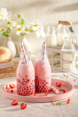 Homemade strawberry bubble tea with milkshake, balls and ice. Summer milky drink.の写真素材