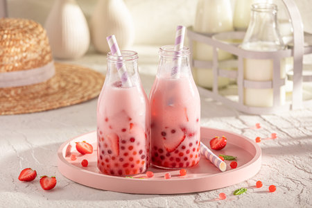 Homemade strawberry bubble tea made of milk, berries and pearls. Bubble tea with fresh berries.の写真素材