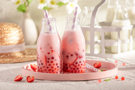 Fresh strawberry bubble tea with milkshake, balls and ice. Summer milky drink.の写真素材