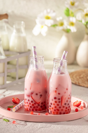 Homemade strawberry bubble tea as cool refreshing drink for summer. Chilled drink for hot days.の写真素材