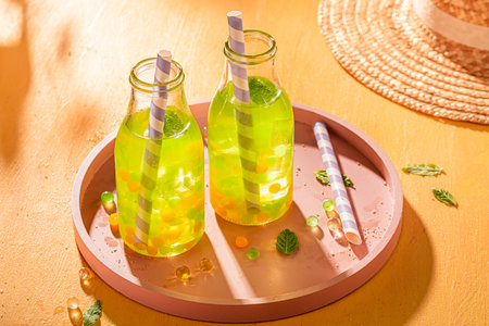 Homemade bubble tea as summer refreshing drink on ice. Bubble tea with fresh jelly.の写真素材
