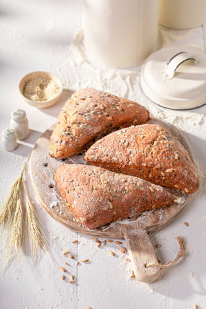 Healthy and hot triangular buns for perfect and healthy breakfast. Triangular buns baked in a...