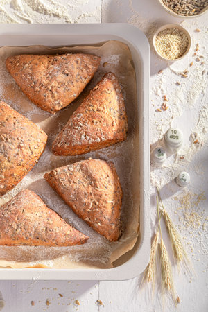 Fresh and healthy triangular buns for perfect and healthy breakfast. Triangular rolls and...