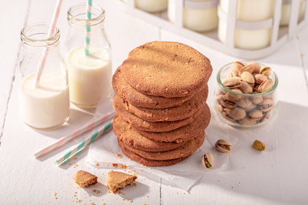 Sweet and tasty pistachio cookies as a popular sweet snack. Cookies best taste with milk.の写真素材