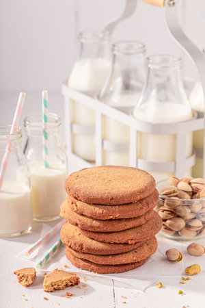 Crunchy and sweet pistachio cookies baked in a home bakery. Cookies best taste with milk.の写真素材