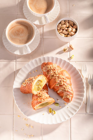 Tasty and traditionally pistachio croissants for breakfast Dessert for Fat Thursday.の写真素材