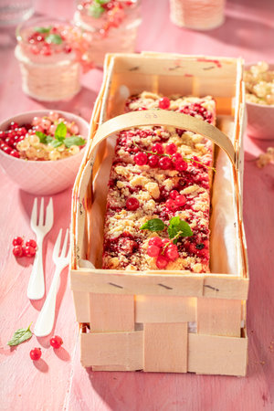 Homemade red currant yeast cake with lemonade. Red currant yeast cake with crumble and fruits.の写真素材