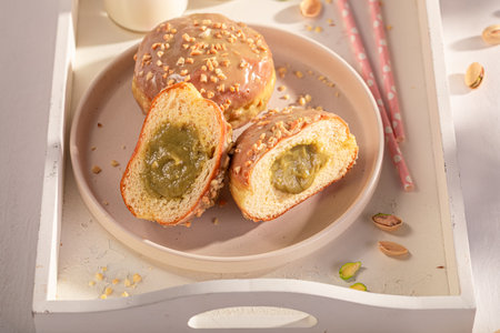 Delicious and yummy pistachio donuts for Fat Thursday. Served with milk. Most popular dessert.の写真素材