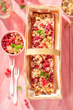 Hot red currant yeast cake with lemonade. Red currant yeast cake with crumble and fruits.の写真素材