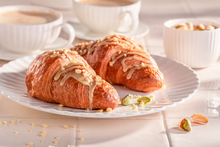 Sweet and delicious pistachio croissants ready to eat. Traditional snack in France.の写真素材