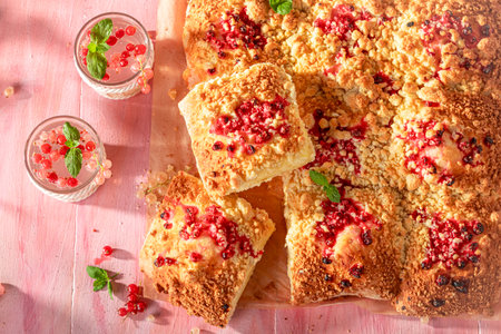 Tasty red currant yeast cake with crumble and glaze. Red currant yeast cake with crumble and fruits.の写真素材