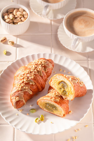 Homemade and sweet pistachio croissants ready to eat. Sweet french dessert.の写真素材