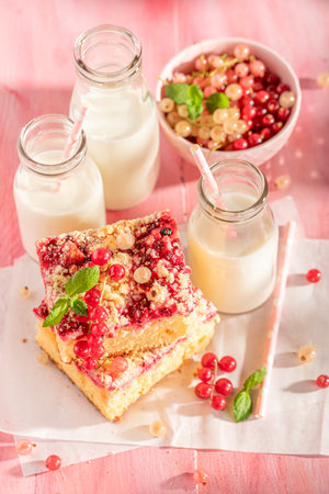 Sweet red currant yeast cake as summer sweet snack. Blueberry yeast cake with milk.の写真素材