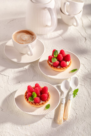 Sweet and delicious mini tart made of cream and raspberries. Cake made of cream and raspberries.の写真素材