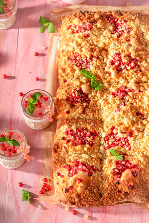Homemade red currant yeast cake baked on pink table. Red currant yeast cake with crumble and fruits.の写真素材