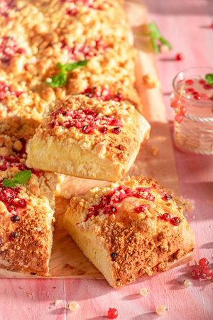 Hot red currant yeast cake as fresh dessert. Yeast cake with lemonade.の写真素材