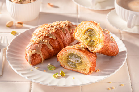 Tasty and traditionally pistachio croissants ready to eat. Popular sweet snack.の写真素材