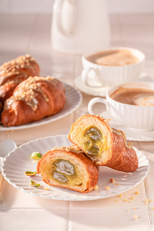 Tasty and traditionally pistachio croissants served with coffee. French sweet cuisine.の写真素材