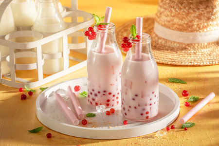 Fresh and chilled red currant bubble tea made of forest. Chilled drink for hot days.の写真素材