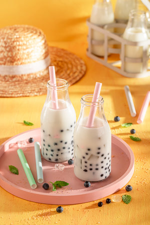 Tasty blueberry bubble tea as cool refreshing drink for summer. Chilled drink for hot days.の写真素材