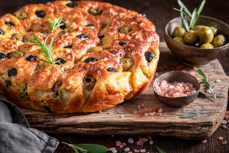 Homemade focaccia made of vegan and fresh ingredients. Traditional focaccia. Focaccia with olives.の写真素材