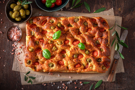 Homemade focaccia baked in rectangular baking tray. Traditional focaccia. Focaccia with tomatoes and olives.の写真素材