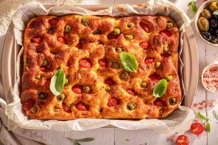 Homemade focaccia with olives and cherry tomatoes. Traditional focaccia. Focaccia made of fresh ingredients.の写真素材