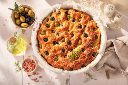 Tasty focaccia made of sea salt and olives. Classic Italian cuisine. Focaccia with olives.の写真素材