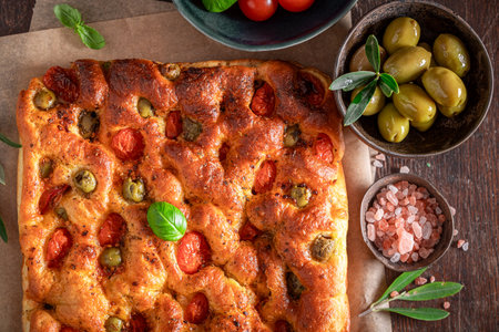 Homemade focaccia with cherry tomatoes and olive oil. Poster for Restaurant. Focaccia made of fresh ingredients.の写真素材