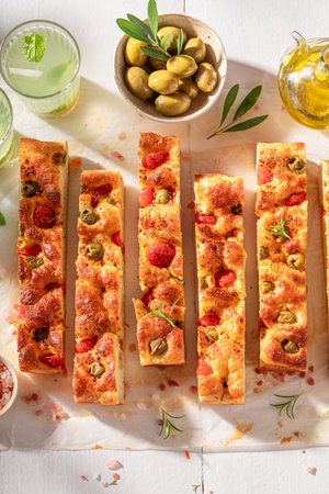 Delicious and hot focaccia baked and served with lemonade. Traditional Italian Focaccia.の写真素材