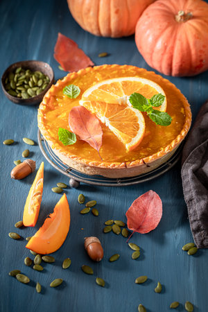 Homemade pumpkin tart made of fresh ingredients. Homemade cake in autumn.の写真素材