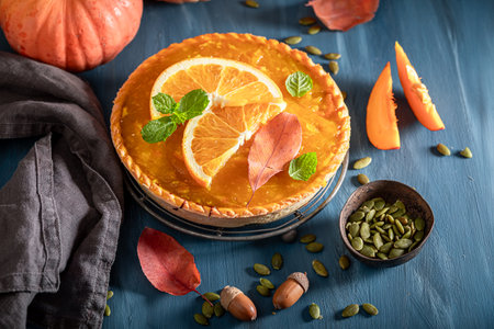 Homemade pumpkin tart as autumn cake for Halloween. Dessert for the Halloween.の写真素材