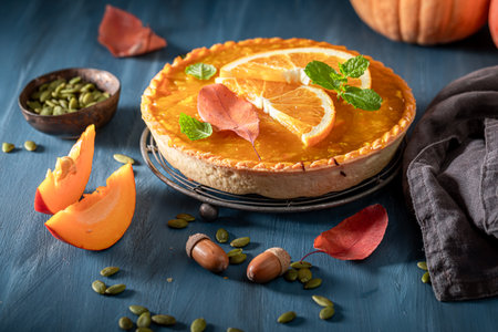 Homemade pumpkin tart made of fruits and cream. Cake with oranges and pumpkins.の写真素材