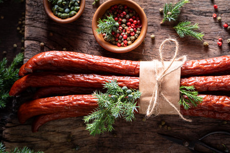 Polish cabanossi with juniper, spices and pepper. Kabanos made of beef meat.