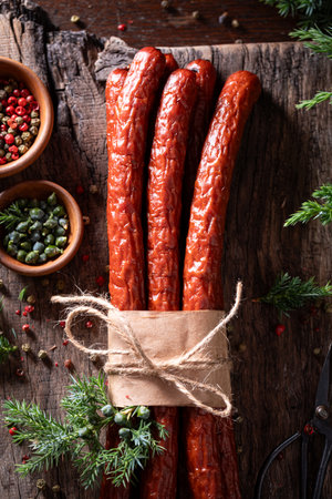 Traditional cabanossi with juniper, spices and pepper. Kabanos made of beef meat.
