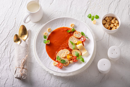 Refined tomato soup as culinary artistry in top chef kitchen. Tomato soup as exclusive plating dish.の写真素材