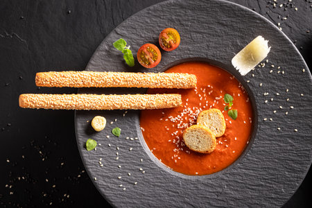 Exclusive tomato soup as culinary artistry in top chef kitchen. Tomato soup as exclusive plating...