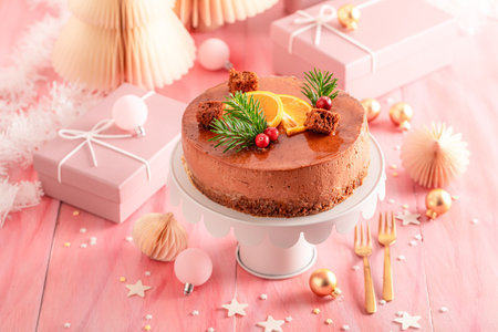 Sweet Christmas gingerbread cake as decoration idea for holidays. Cozy winter composition with hot chocolate.の写真素材