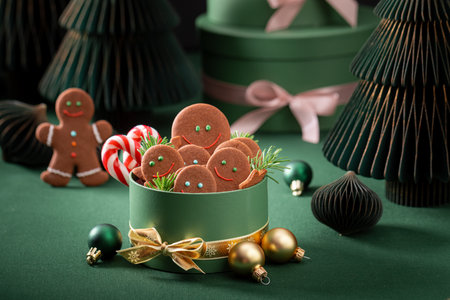 Cute Christmas gingerbread mans in green gift box. Holiday concept scene.