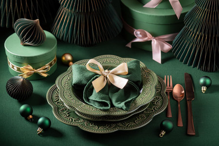 Elegant dark green Christmas tableware with decorations and baubles. Cozy wintertime scene.の写真素材