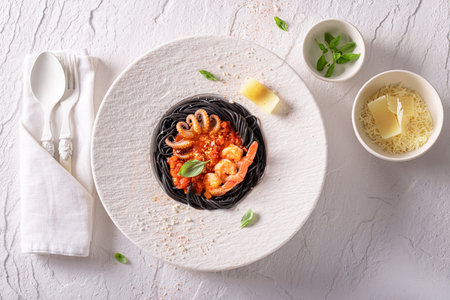 Elegant spaghetti bolognese as a fine dish. Spaghetti bolognese with an exquisite decoration.の写真素材